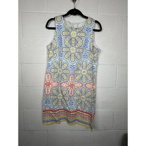 London Times Sleeveless Shift Dress Womens 12 Blue Yellow Floral Medallion